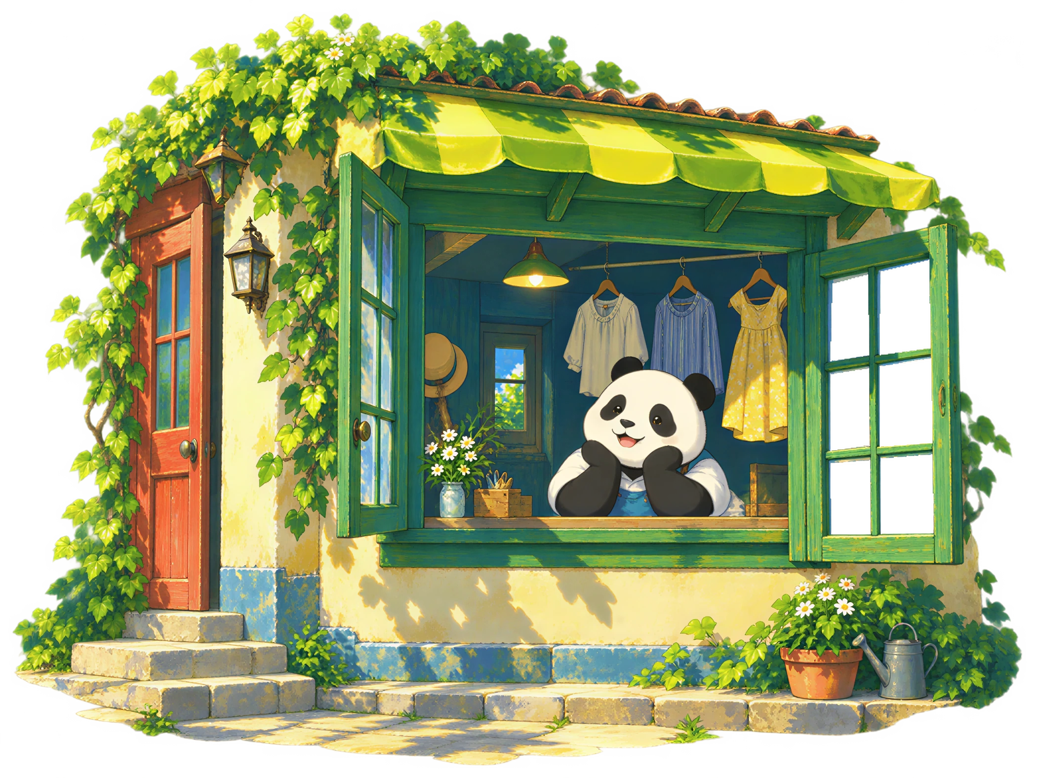 Panda welcomes you at a leafy green clothing shop window under a sunny sky.